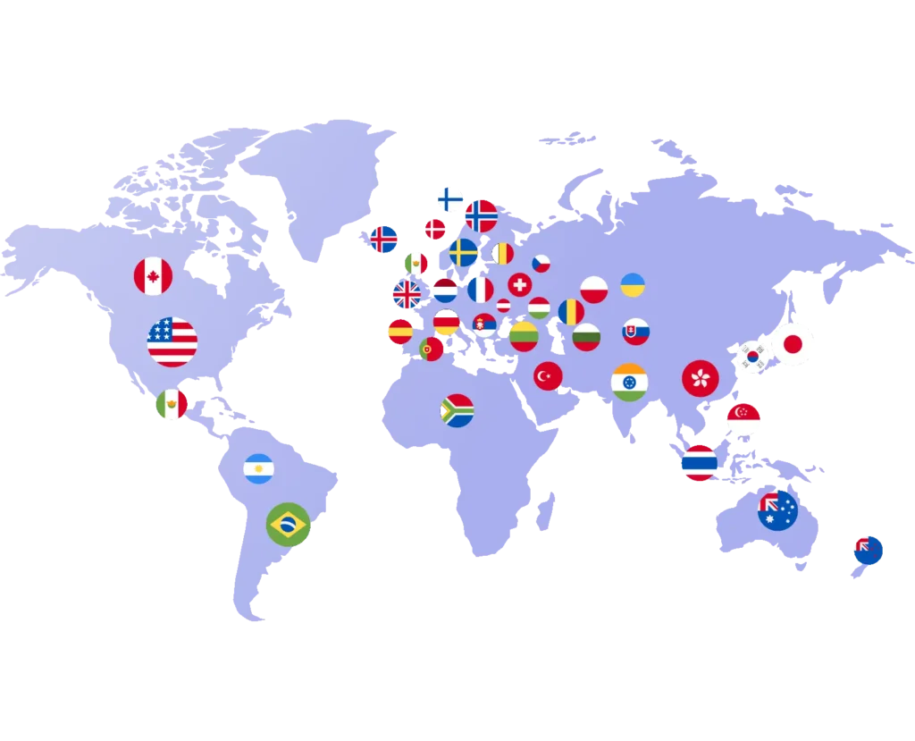 Trendyscreen IPTV service available worldwide, with flags from multiple countries on a world map.